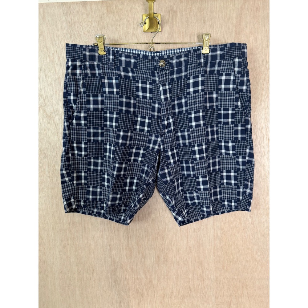 Club Room Mens Plaid Patchwork Shorts Blue White Cotton Waist 38